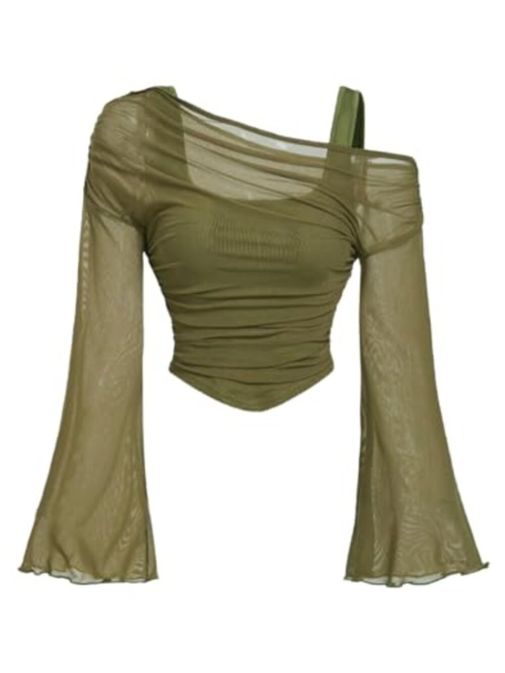 Y2K Crop Tank Top Mesh Off Shoulder Bell Sleeve Top